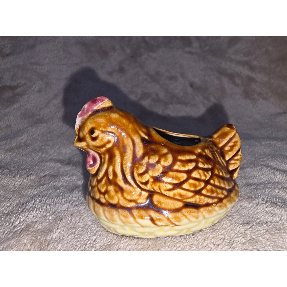 Vintage Japan Ceramic Chicken Planter Hen on Nest Brown Drip Glaze Figurine